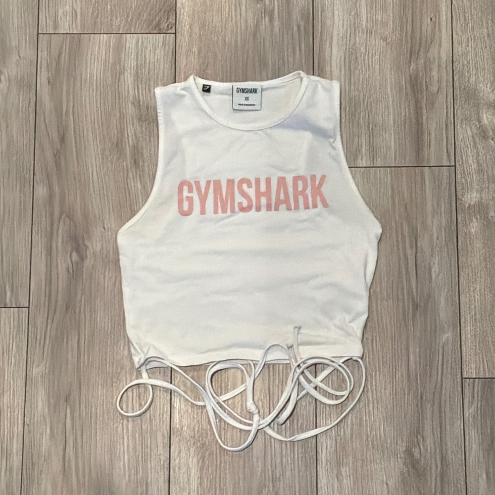 Gymshark Womens XS White Pink Logo Tie Hem Sleeveless Crop Top Tank GLCT3170